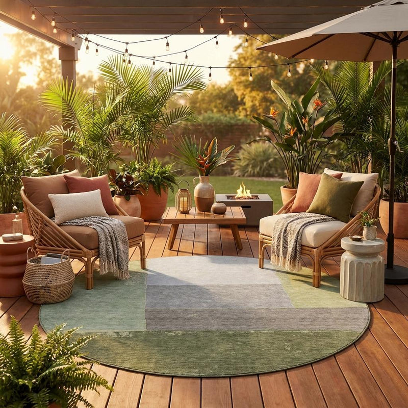 Round geometric rug in olive and fern green patchwork blocks, washable, outdoor-ready.