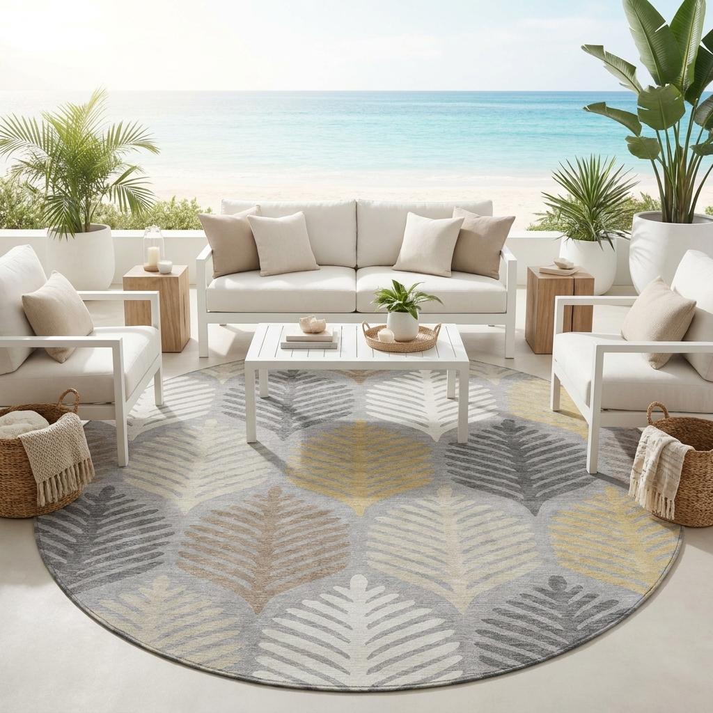 Round gray area rug with beige and light yellow leaf pattern in an outdoor patio seating area.