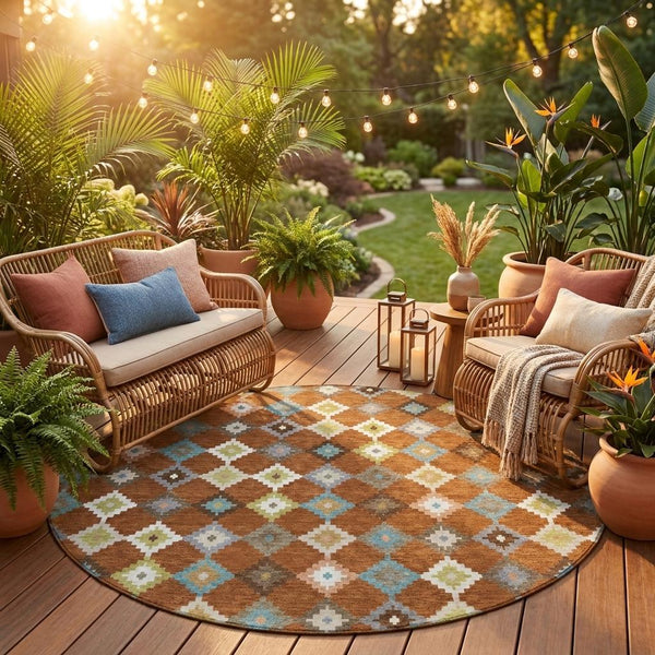 Round aztec area rug with orange-brown base and teal, gray, cream diamond pattern