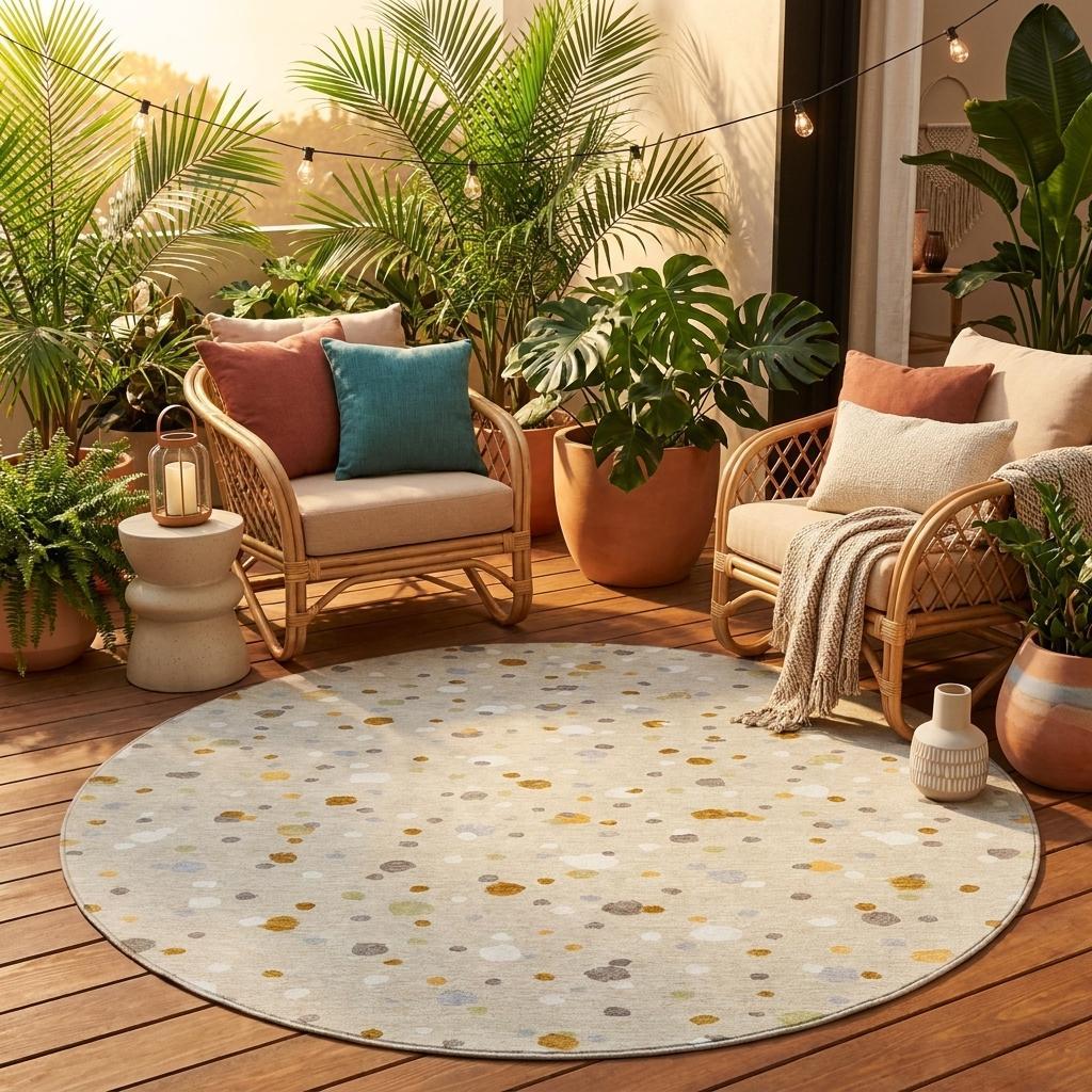 8' Beige And Gold Round Geometric Washable Indoor Outdoor Area Rug - Sports & Outdoor