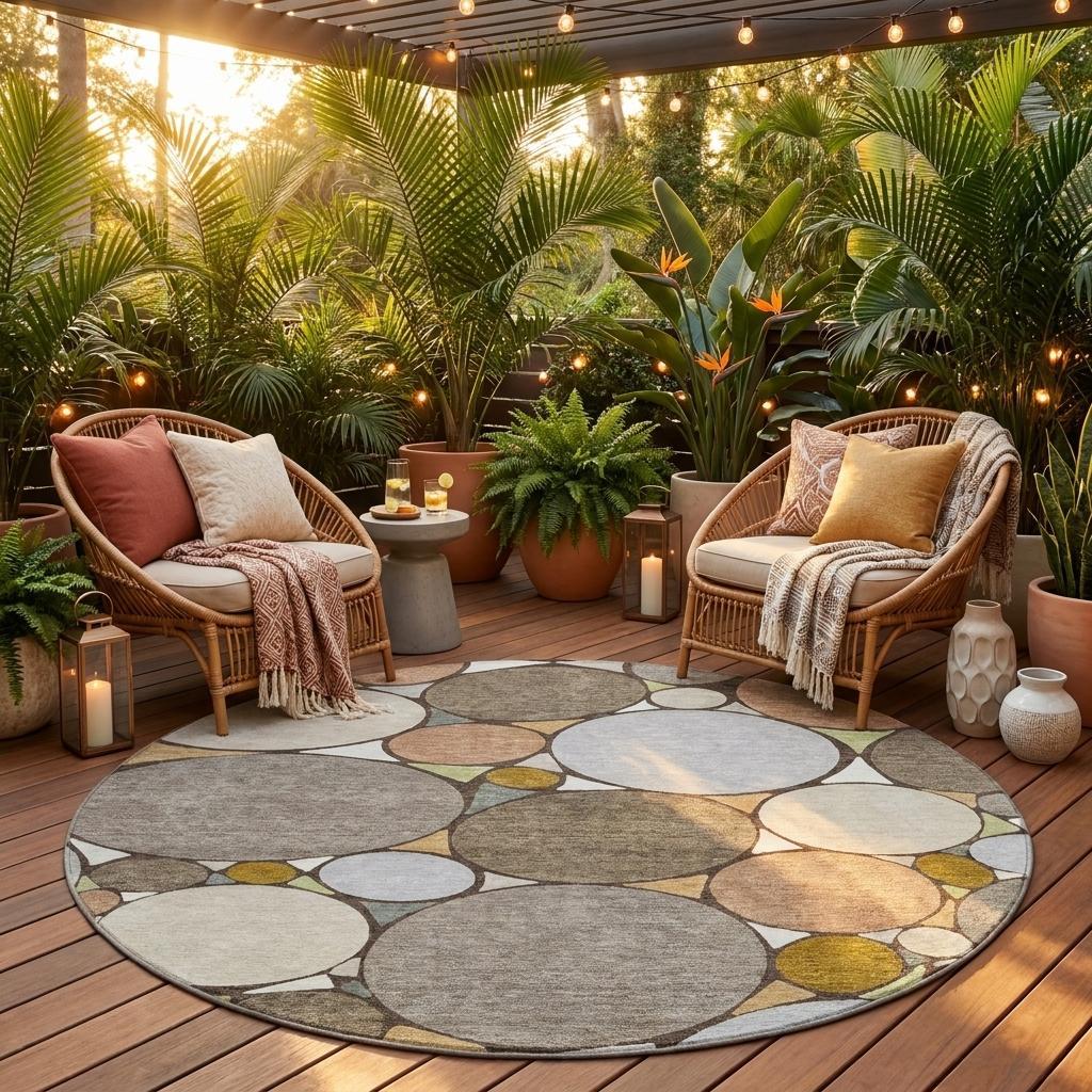 Round geometric area rug on wood floor with overlapping circles in gray and taupe tones