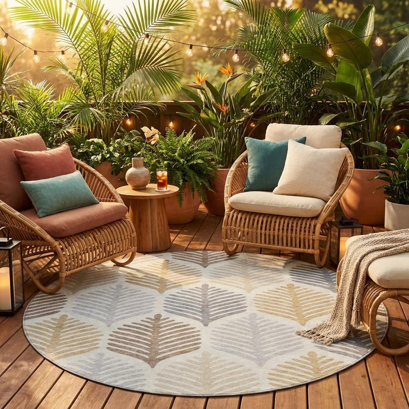 Round leaf-pattern area rug in ivory with gray and beige accents