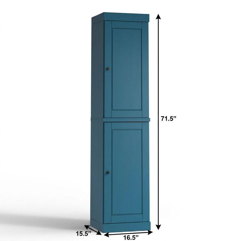 Teal blue double-door linen cabinet with height and base dimensions indicated.