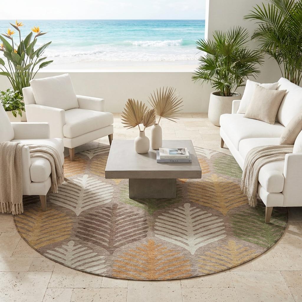 Round indoor/outdoor area rug with multicolor leaf pattern in a living room setting