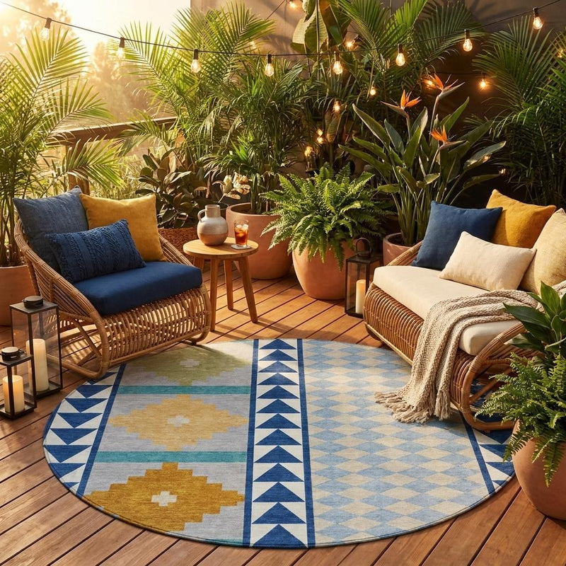 Round southwestern indoor/outdoor rug with blue diamond and border patterns