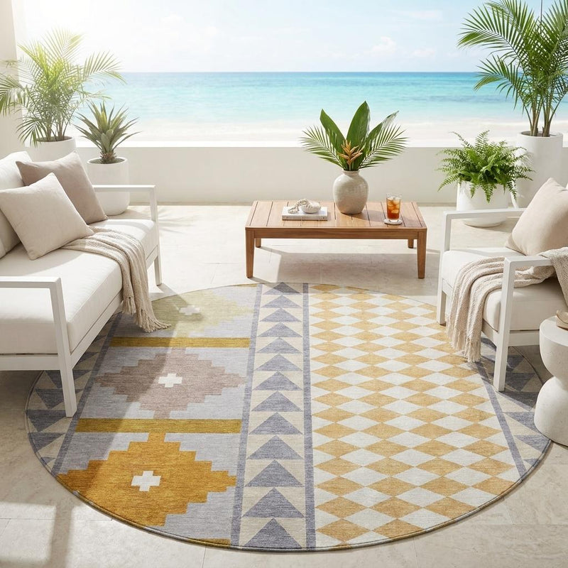 Round rug with southwestern patchwork design, diamond and chevron sections in gray and beige