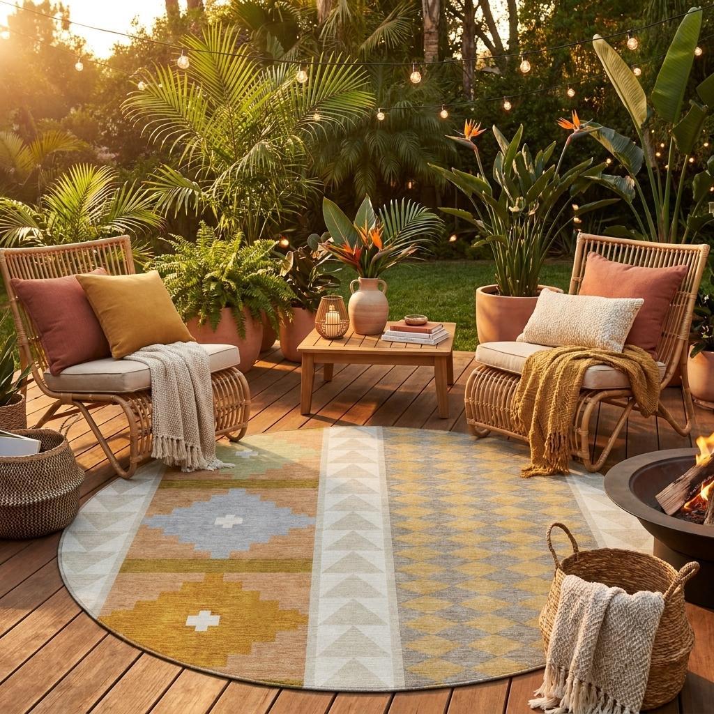 8' Beige And Orange Round Southwestern Washable Indoor Outdoor Area Rug - Sports & Outdoor