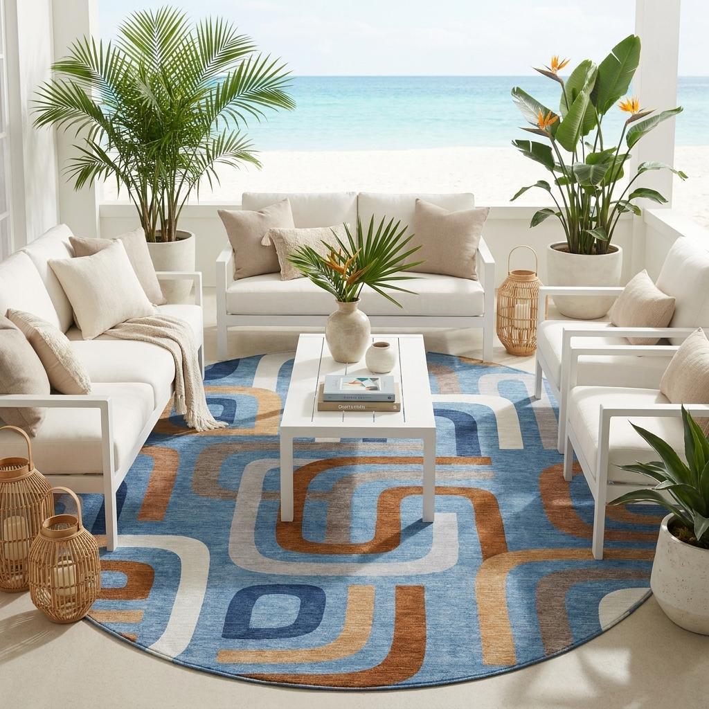 8' Denim Blue And Copper Round Geometric Washable Indoor Outdoor Area Rug - Sports & Outdoor