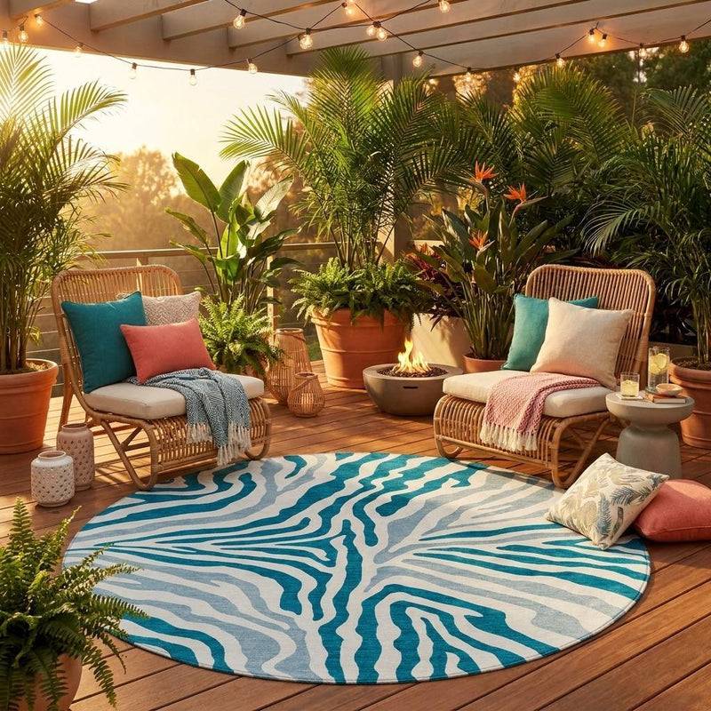 Round teal and ivory zebra print area rug laid outdoors with patio seating nearby