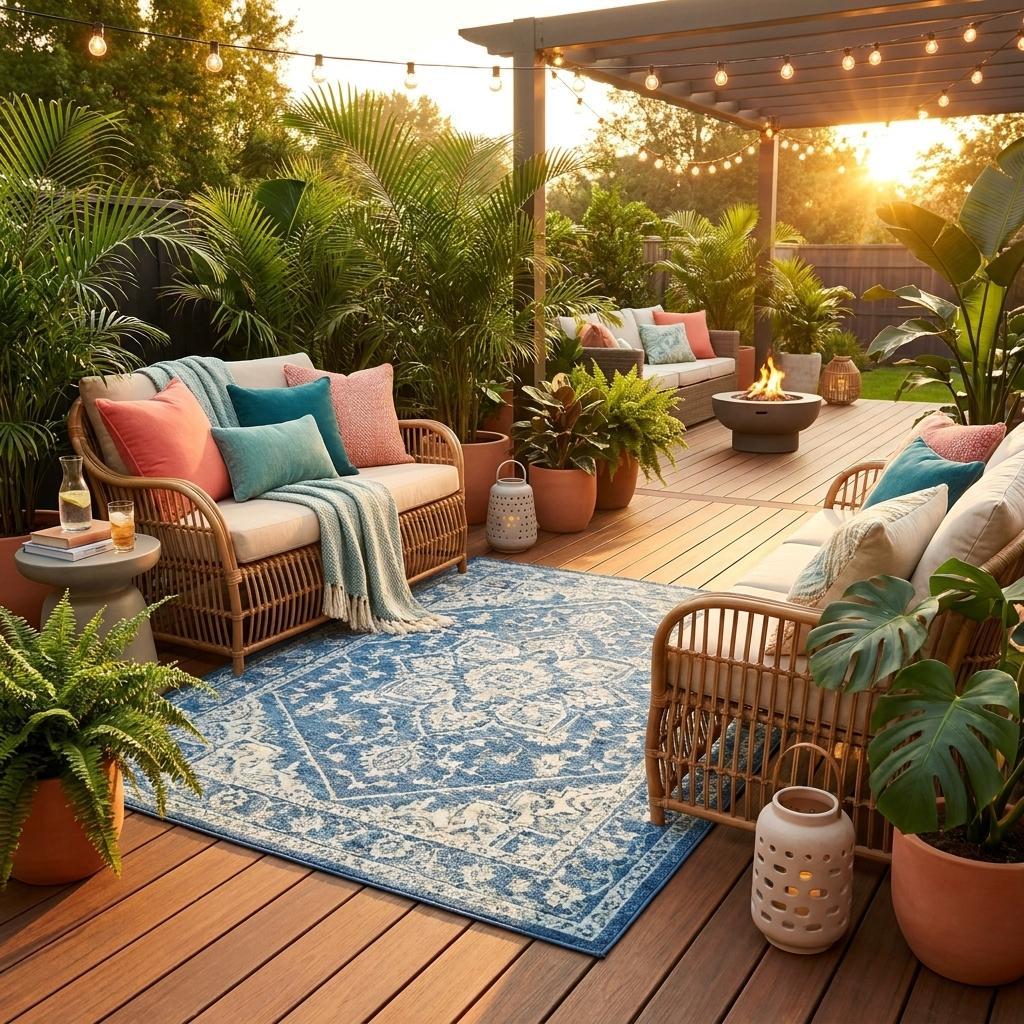 Cozy outdoor seating area with a blue patterned rug, rattan furniture, pink and teal cushions, and lush greenery.