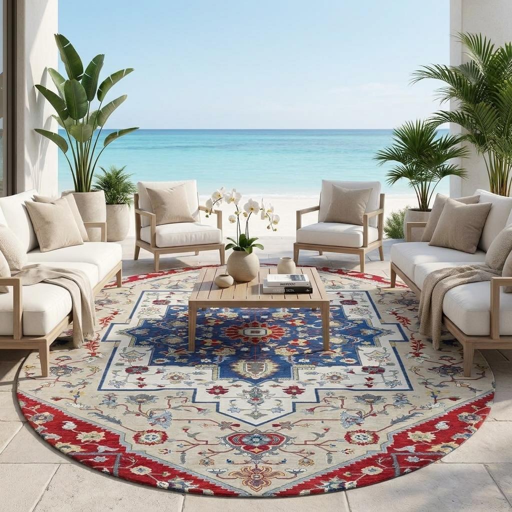 Round Persian-style rug with red, blue, and cream colors, perfect for coastal outdoor seating area.