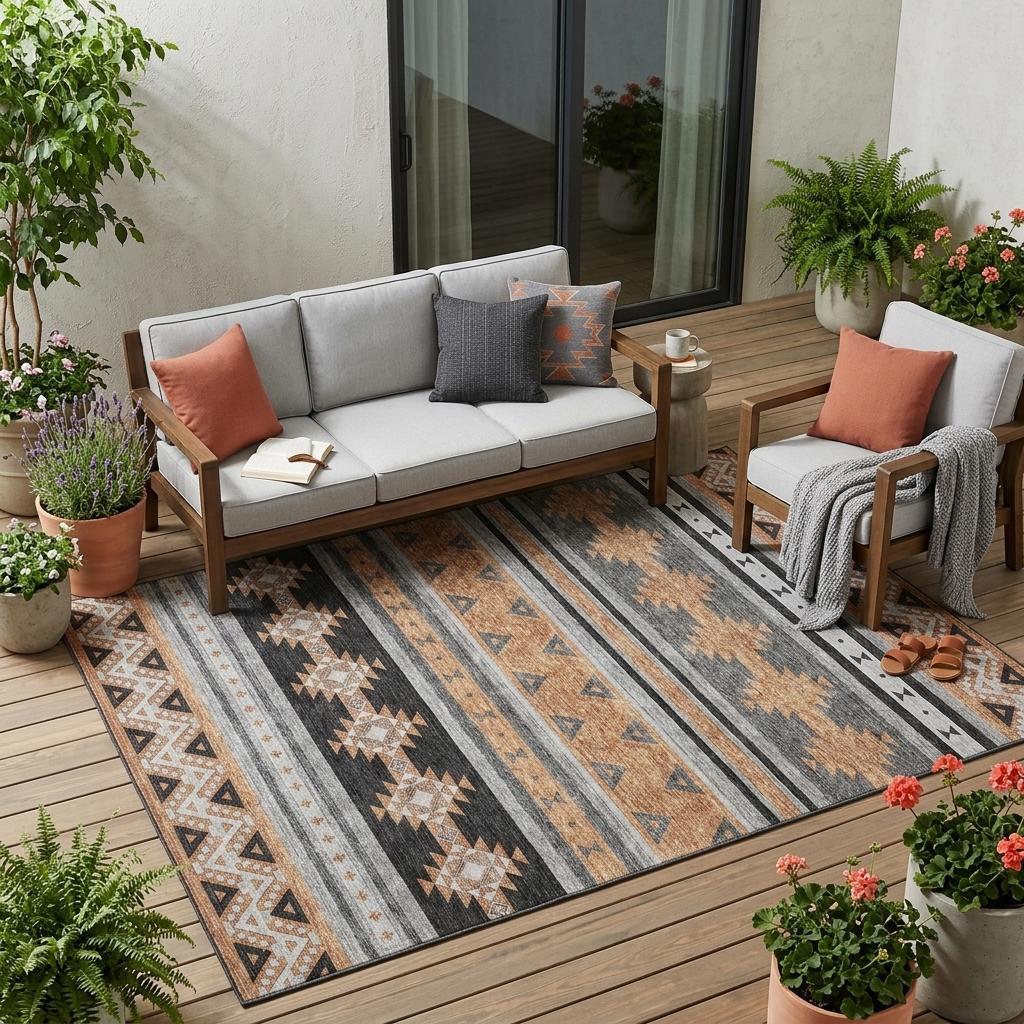 5' X 8' Black And Copper Southwestern Washable Indoor Outdoor Area Rug - Sports & Outdoor