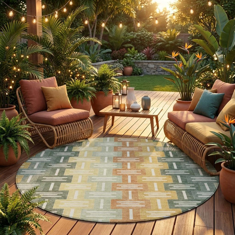 Round outdoor area rug with multicolor geometric bars and mottled texture