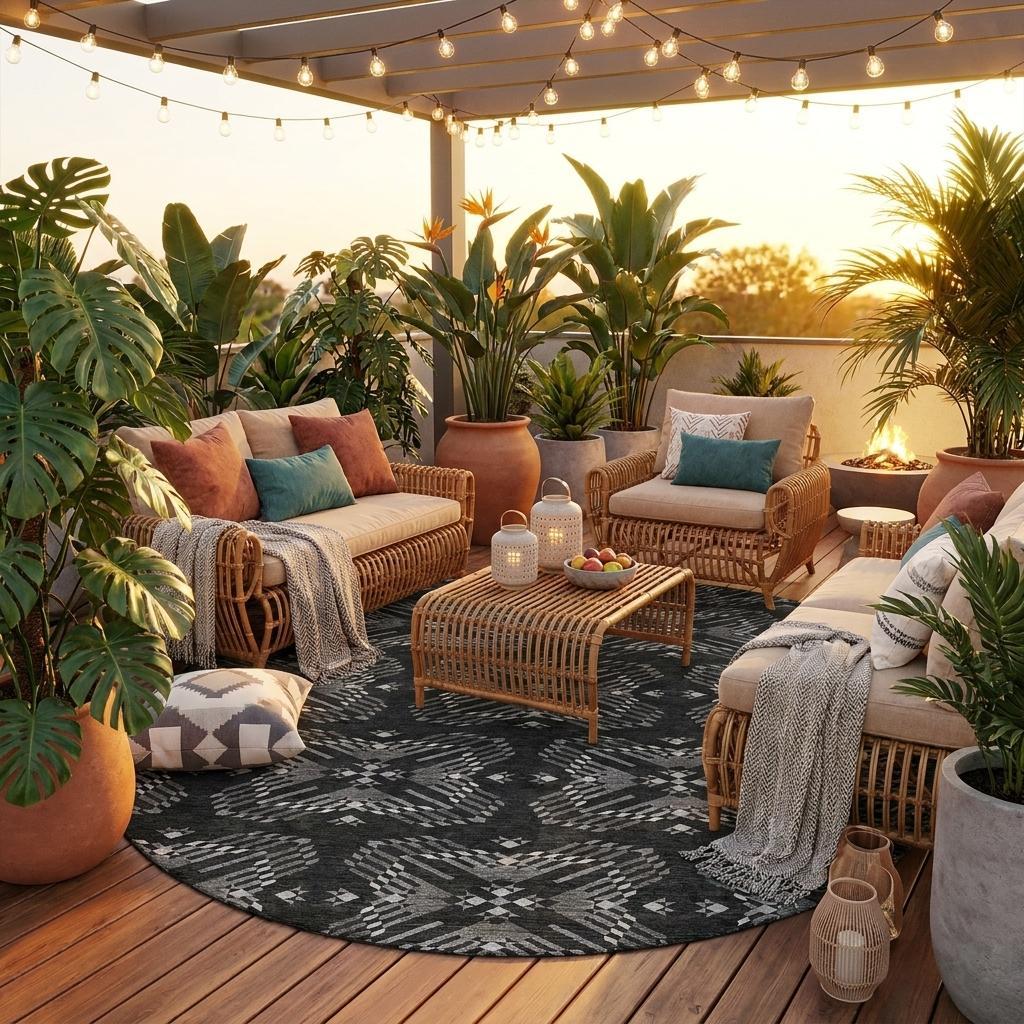 8' Black And Gray Round Geometric Washable Indoor Outdoor Area Rug - Outdoor | blocked-missing-media, blocked-out-of-stock,…