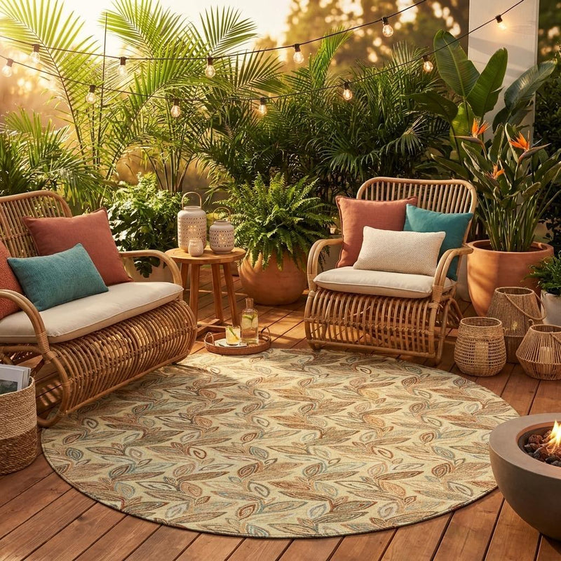 Round outdoor area rug with wheat botanical leaf pattern under patio furniture