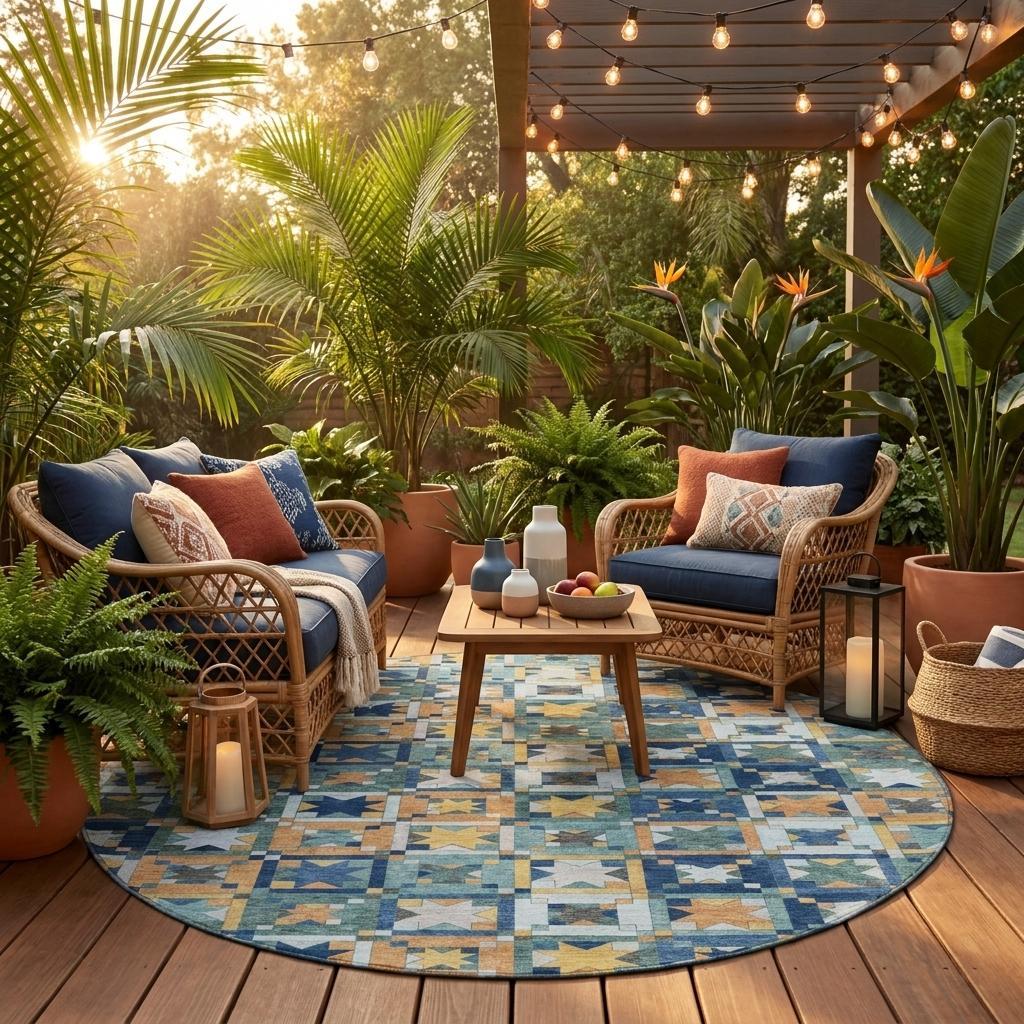 8' Teal Blue And Copper Round Patchwork Washable Indoor Outdoor Area Rug - Sports & Outdoor