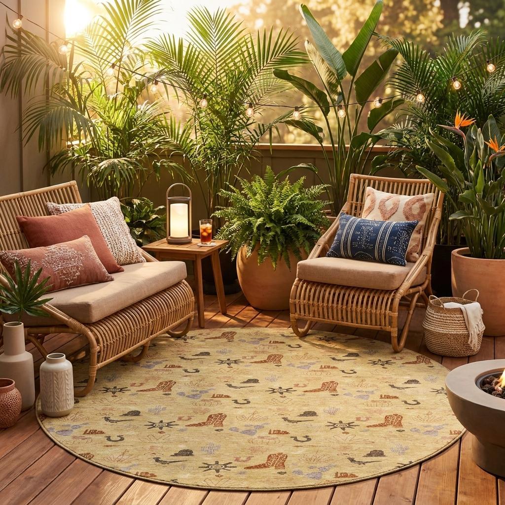 8' Gold And Orange Round Cactus Washable Indoor Outdoor Area Rug - Sports & Outdoor