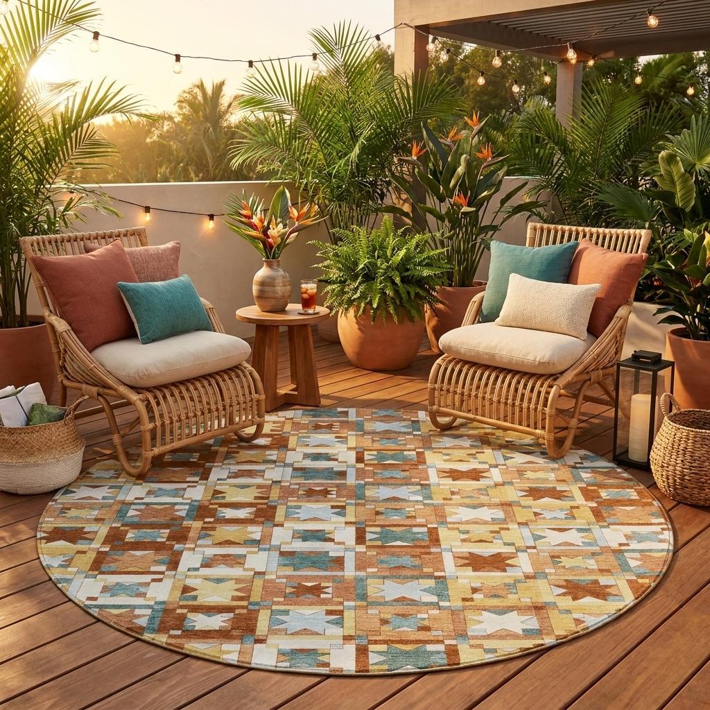 8' Orange And Copper Round Patchwork Washable Indoor Outdoor Area Rug - Sports & Outdoor