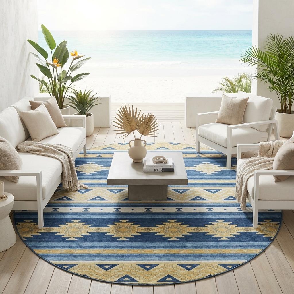 8' Navy Blue And Denim Blue Round Southwestern Washable Indoor Outdoor Area Rug - Outdoor | blocked-missing-media,…