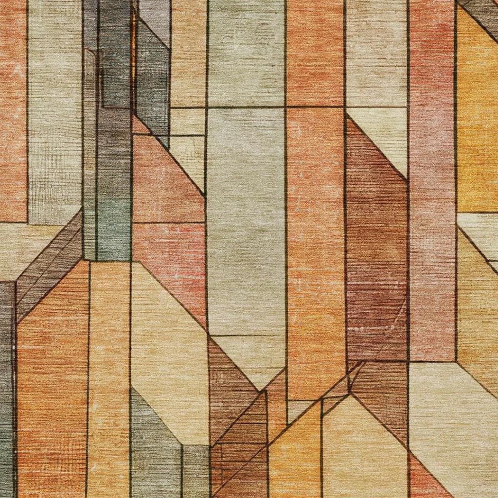Geometric area rug with vertical brick-like columns in orange, cream, gray, and tan