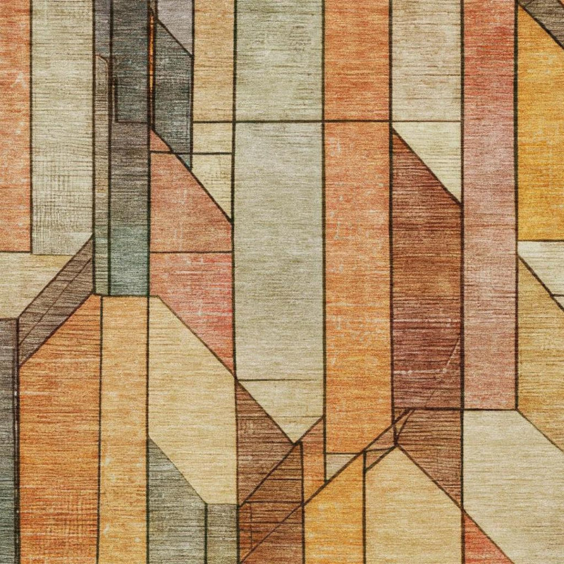 Geometric area rug with vertical brick-like columns in orange, cream, gray, and tan