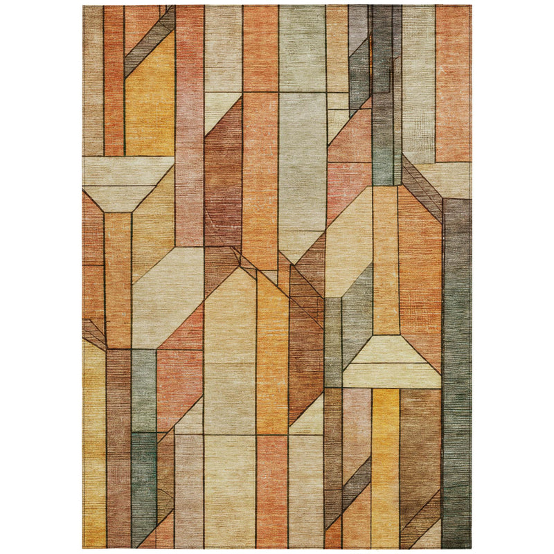 Geometric area rug featuring stacked block motif in orange, cream, gray, and red