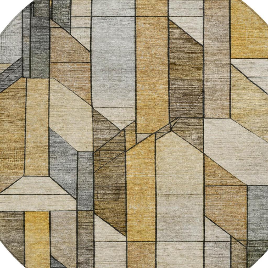 Round area rug with geometric block pattern in beige, tan, brown, and gray
