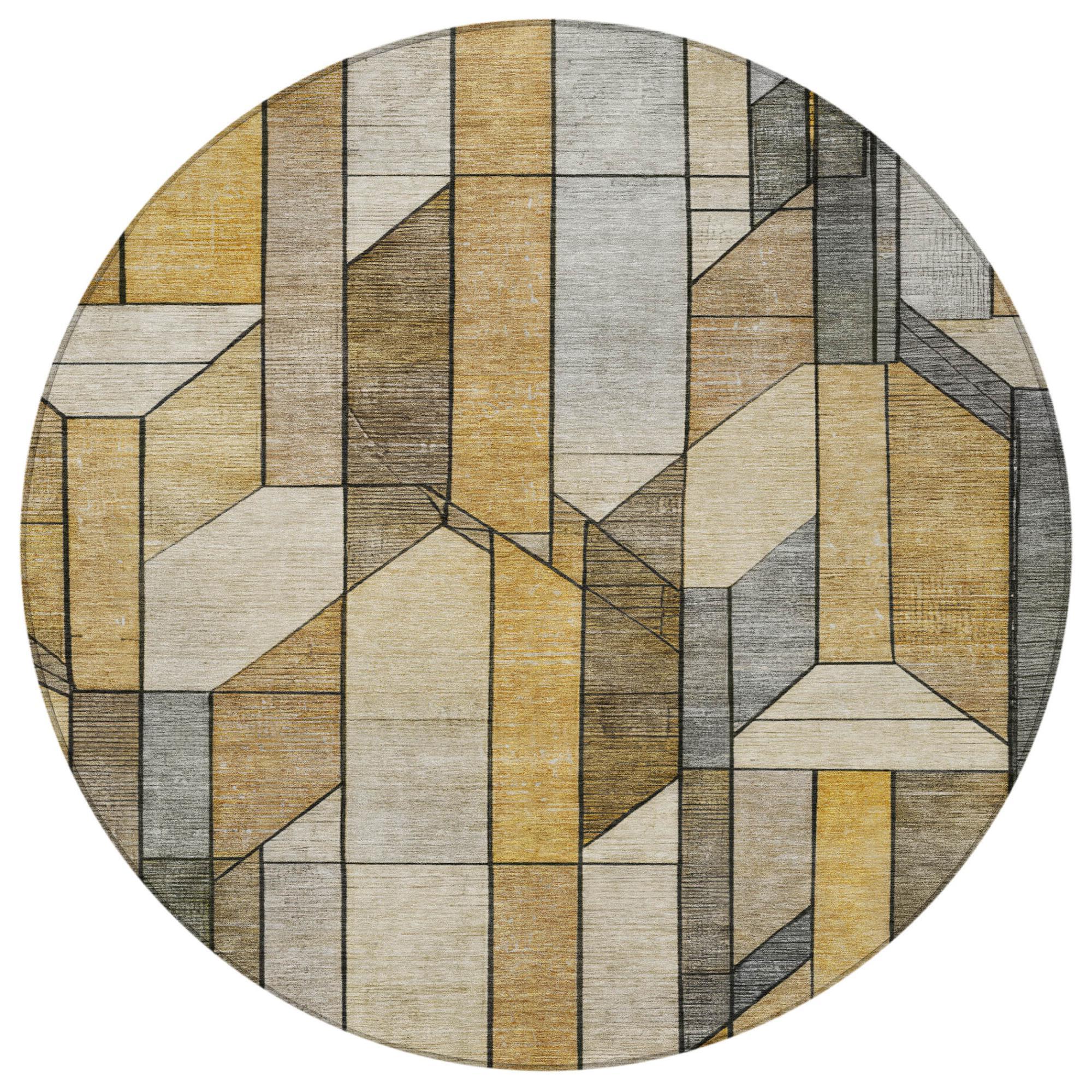 Round area rug with bold geometric cube pattern in beige, tan, and gray