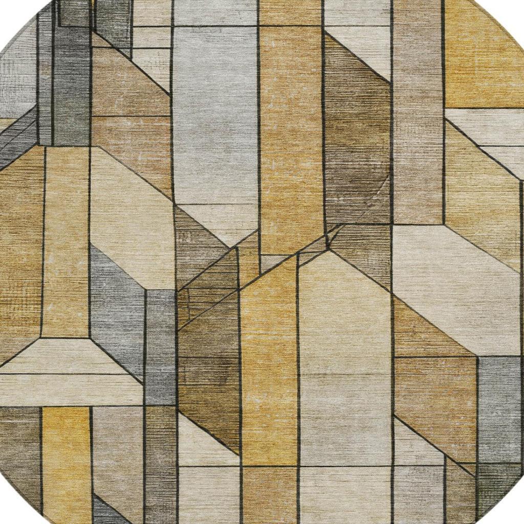 Geometric geometric block pattern on round rug in beige, tan, and gray
