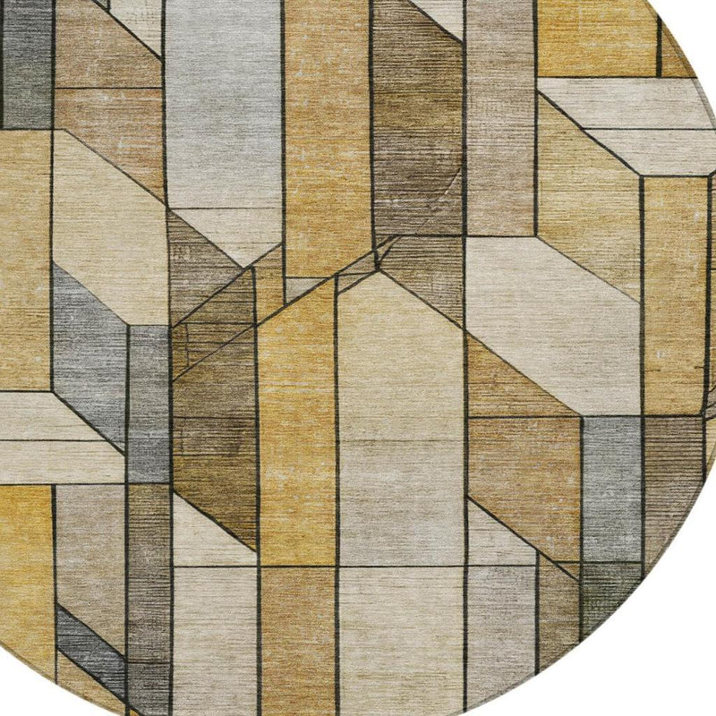 Round rug close-up with layered cube-like blocks in beige, tan, and gray tones