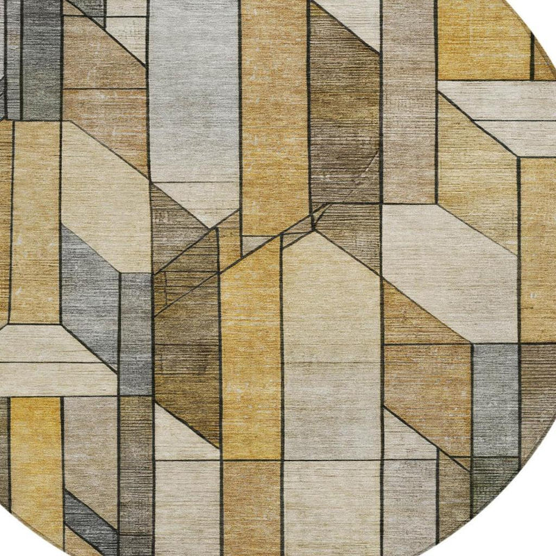 Round rug with abstract geometric pattern in beige, tan, and gray with dark outlines