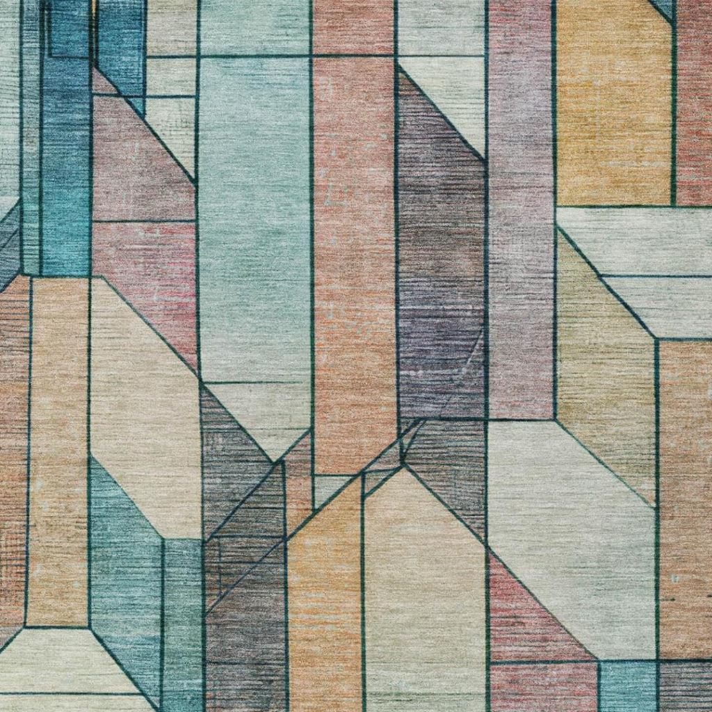 Teal, gray, and beige geometric area rug with vertical block pattern