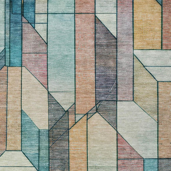 Teal, gray, and beige geometric area rug with vertical block pattern