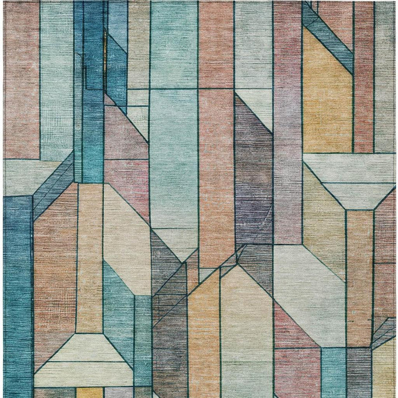 Multicolor geometric area rug with stacked rectangle blocks and muted texture