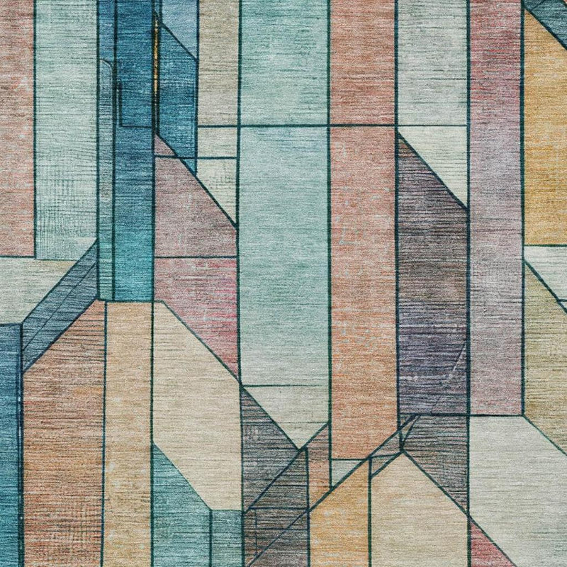 Teal and beige geometric area rug with diagonal block insets