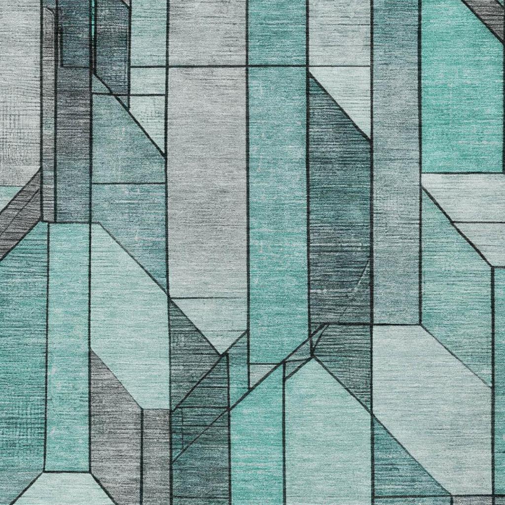 Abstract geometric rug with vertical teal and aqua blocks and gray accent lines