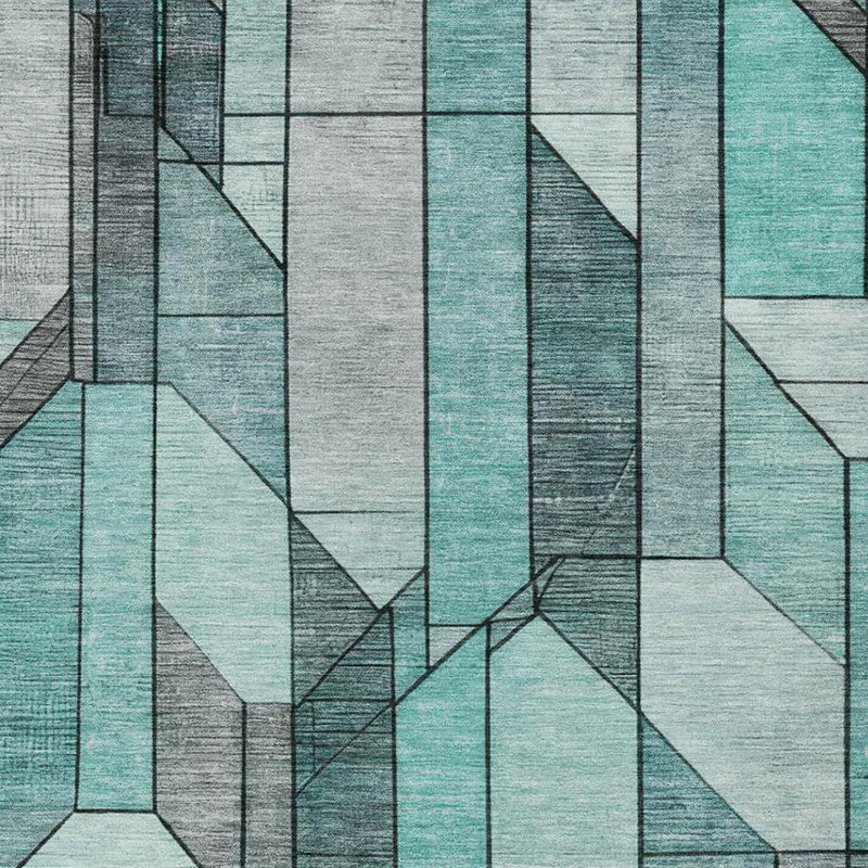 Abstract geometric rug with vertical teal and aqua blocks and gray accent lines