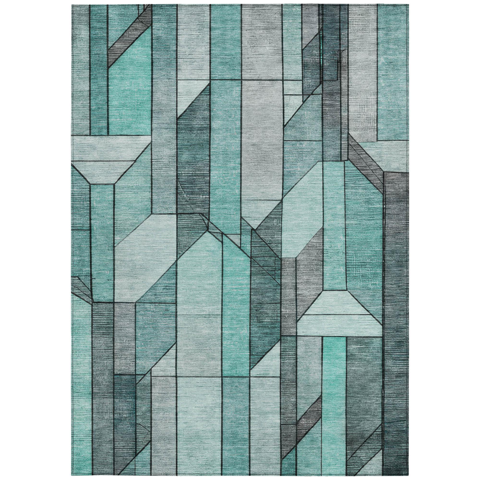 Square geometric rug with stacked teal and aqua blocks, gray shading, and white facets
