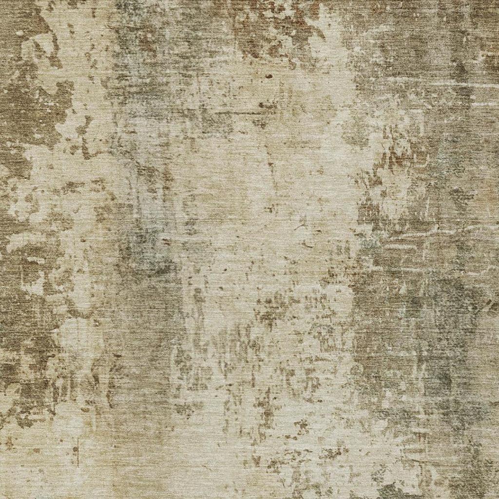 Beige and olive abstract distressed area rug, close-up textured surface pattern
