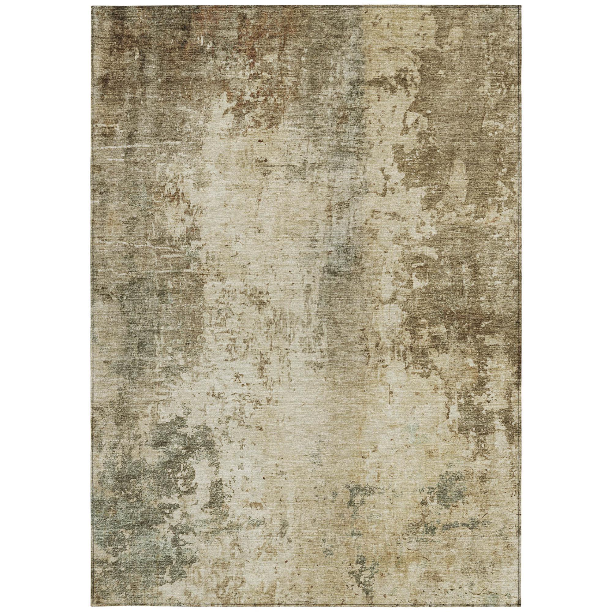Beige and olive abstract distressed rectangular area rug, mottled texture
