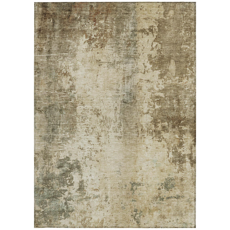 Beige and olive abstract distressed rectangular area rug, mottled texture