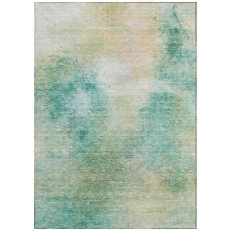 Abstract teal and aqua area rug with mottled watercolor effect on a light base.