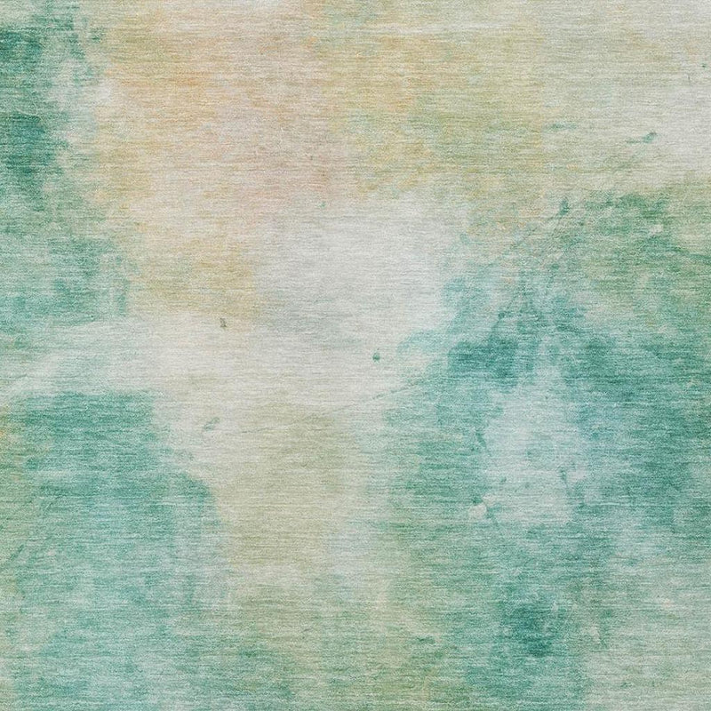 Abstract aqua and teal rug surface with faded white base and mottled watercolor texture.