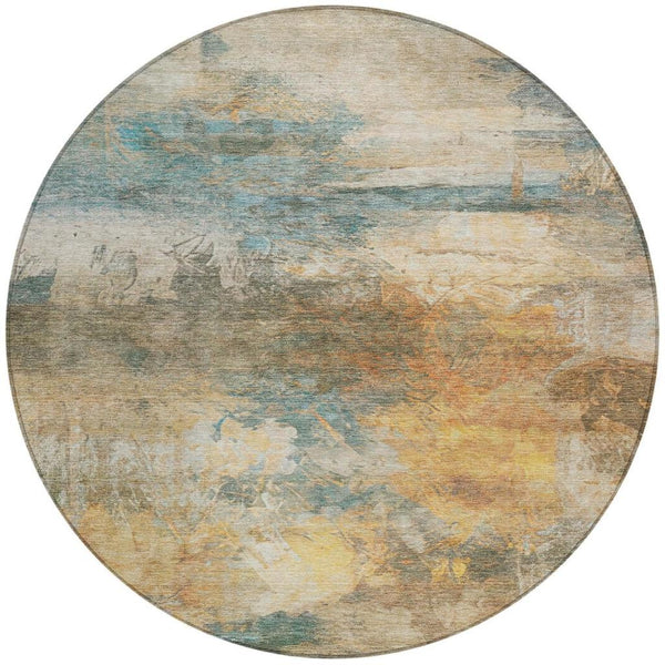 Round abstract area rug in teal blue, beige, and warm orange tones with distressed pattern