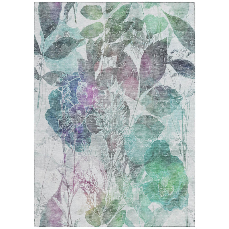 Botanical leaf area rug in teal and silver with purple and gray abstract foliage