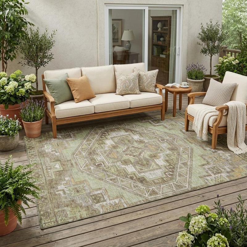 Green and brown southwestern area rug on outdoor patio with geometric motifs