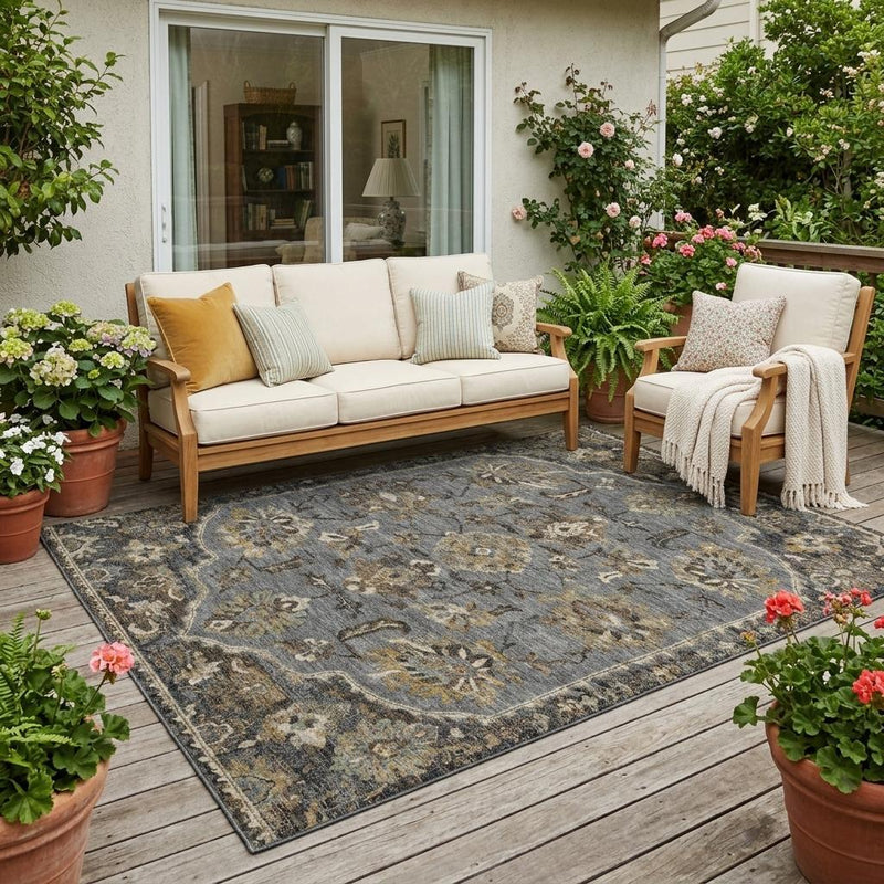 Graphite and gray floral medallion area rug, flatwoven look