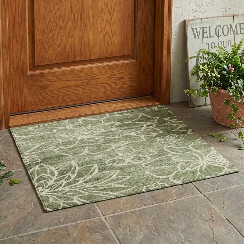 Olive green floral indoor outdoor rug with white leaf pattern, rectangular