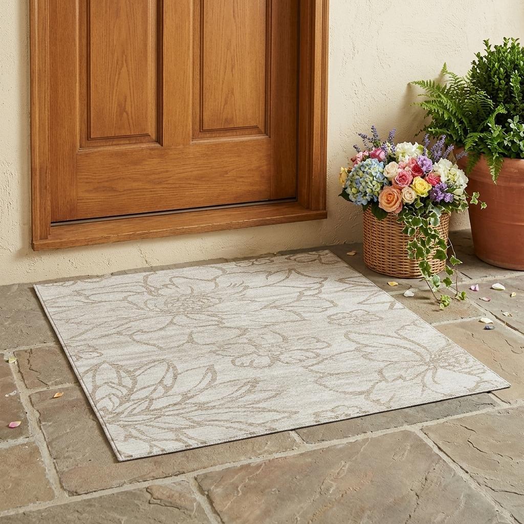 3' X 5' Ivory And Silver Floral Washable Indoor Outdoor Area Rug - Sports & Outdoor