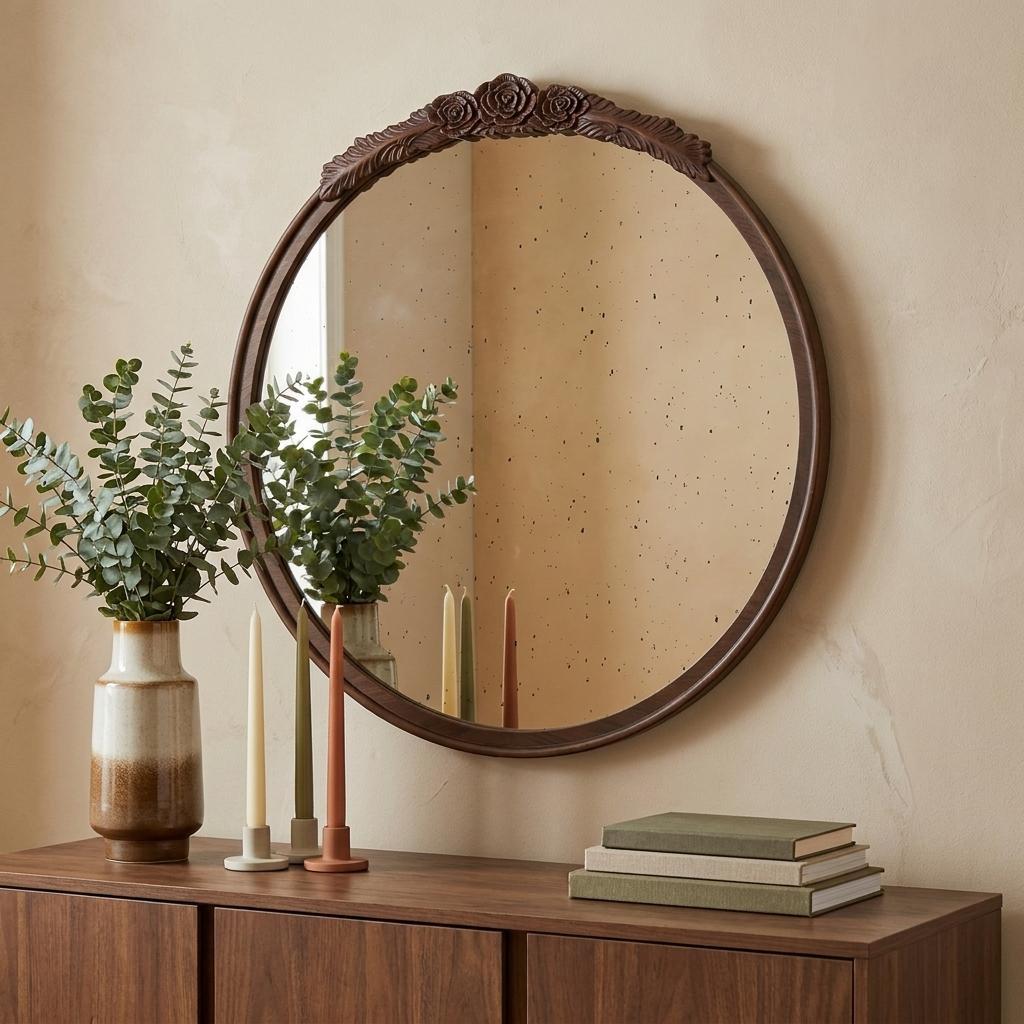 30" Brown Crowned Top Antiqued Glass Framed Accent Mirror - Bed & Bath
